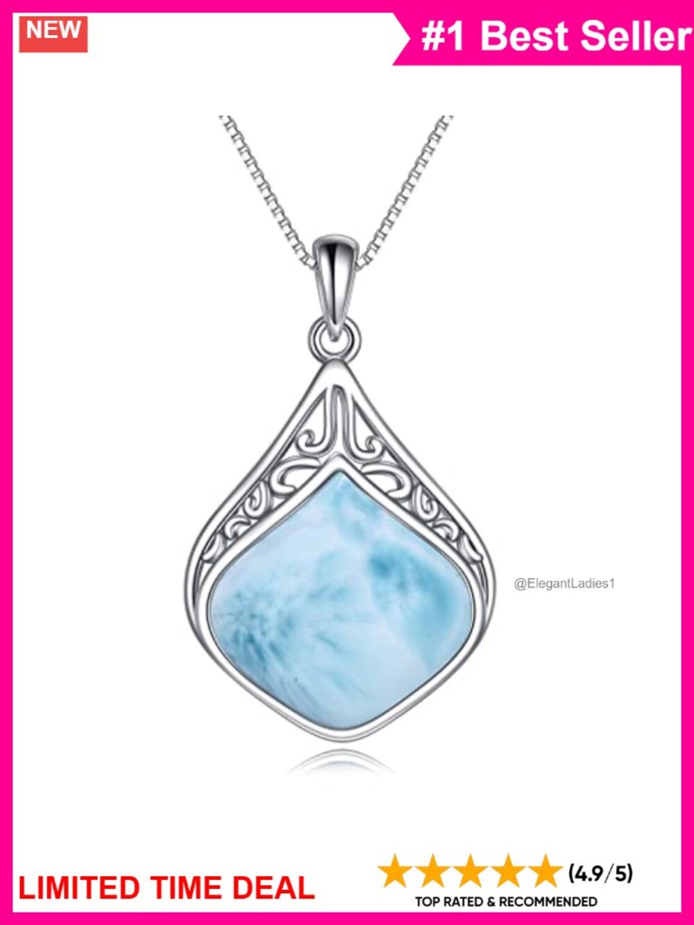 Sterling Silver Larimar Teardrop Pendant Necklace Filigree Natural Stone
